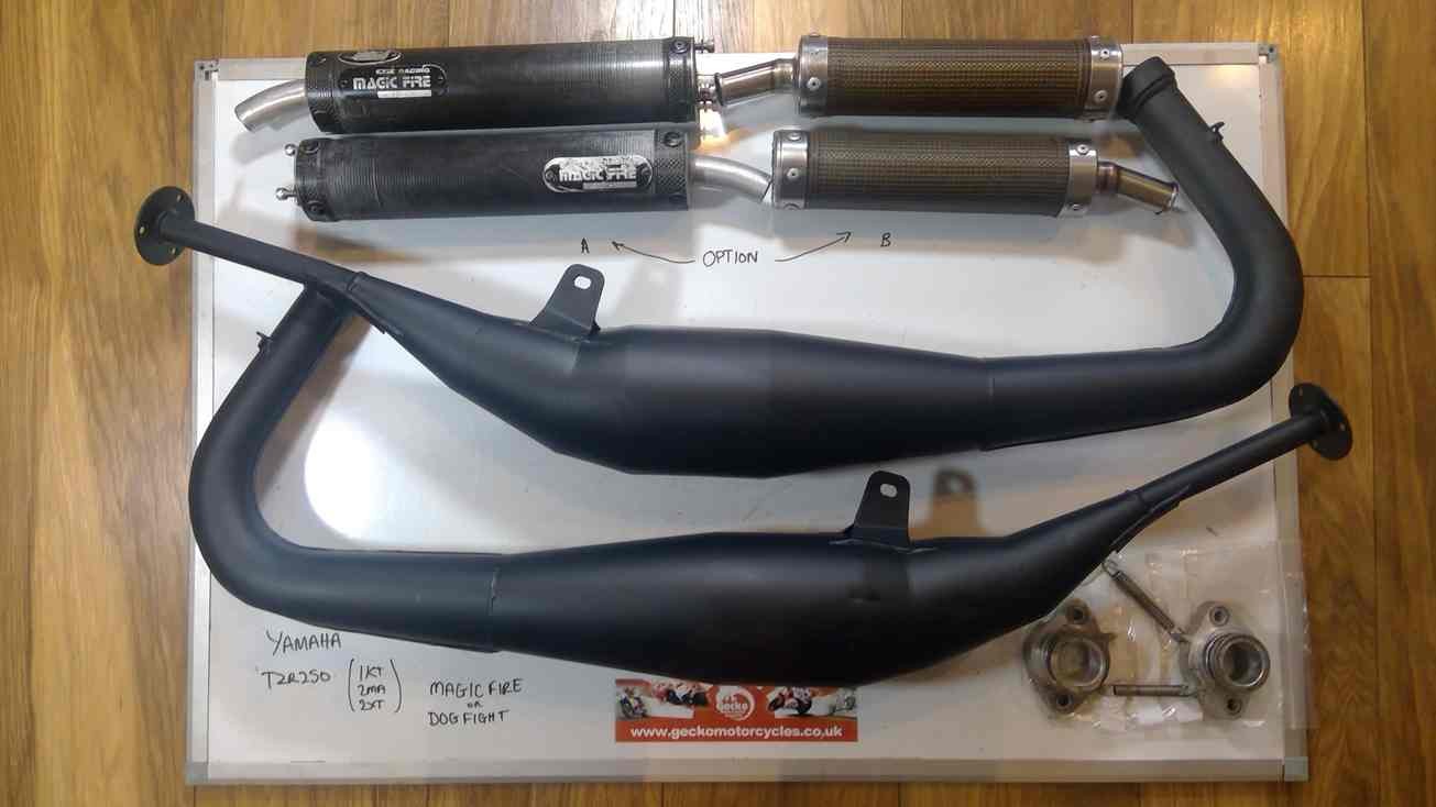 1KT 2MA Yamaha TZR250 Ox Magic Fire race exhausts collars & carbon cans